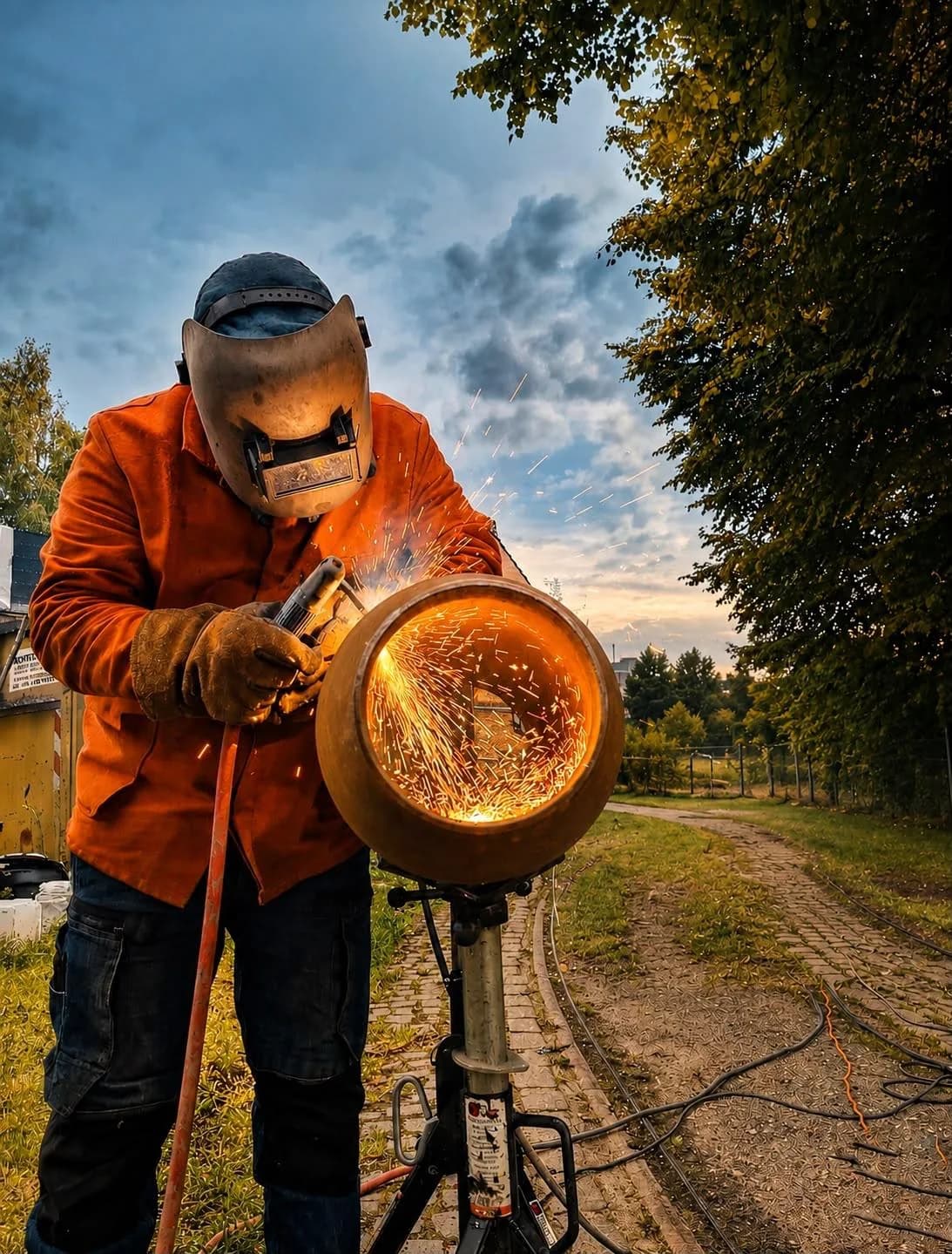 Schweißer bei Arbeiten an einem Rohrende in der Abenddämmerung